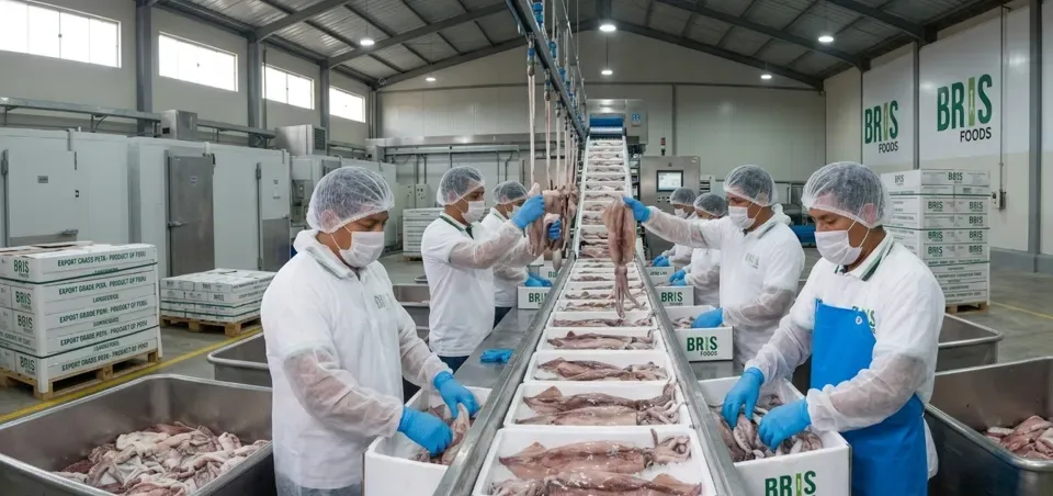 Operarios en la línea de proceso de pota